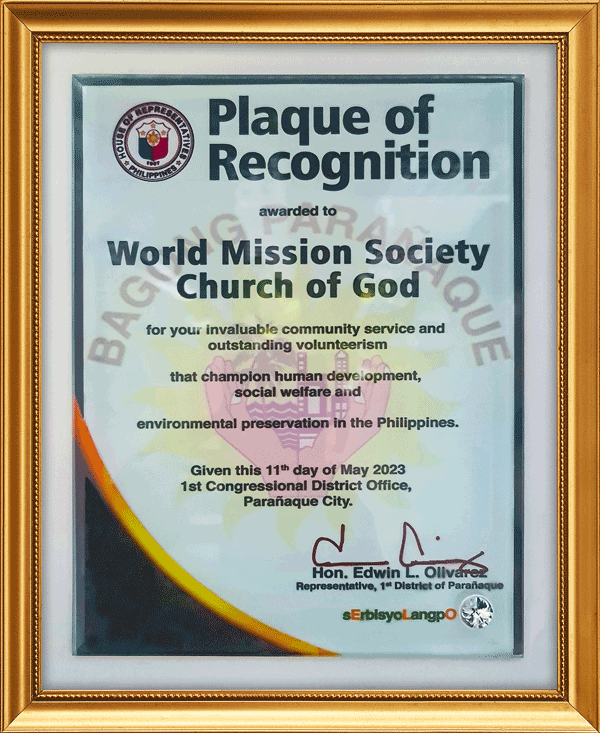 [Philippines] Plaque of Recognition from Representative of 1st District of Paranaque - World Mission Society Church of God