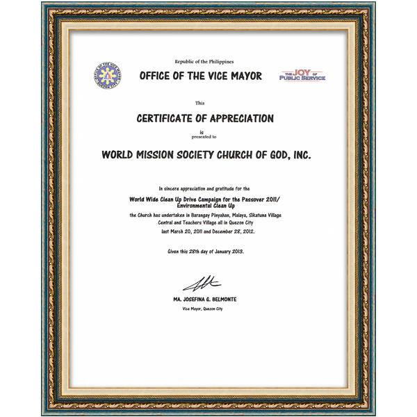 [Philippines] Certificate of Appreciation from Vice Mayor of Quezon - WORLD MISSION SOCIETY CHURCH OF GOD, INC.