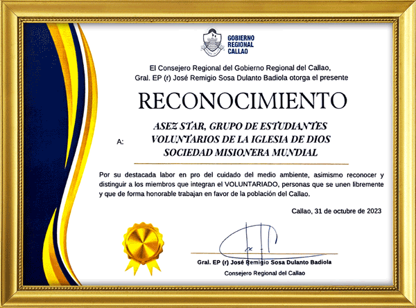 [Perú] Reconocimiento del Consejero Regional del Gobierno Regional del Callao - ASEZ STAR, Grupo de Estudiantes Voluntarios de la Iglesia de Dios Sociedad Misionera Mundial