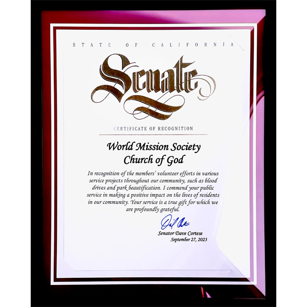 [United States] Certificate of Recognition from Senator from California (Dave Cortese) - World Mission Society Church of God