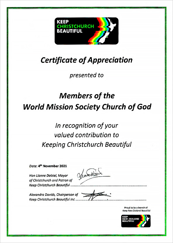 [New Zealand] Certificate of Appreciation from Keep Christchurch Beautiful - World Mission Society Church of God