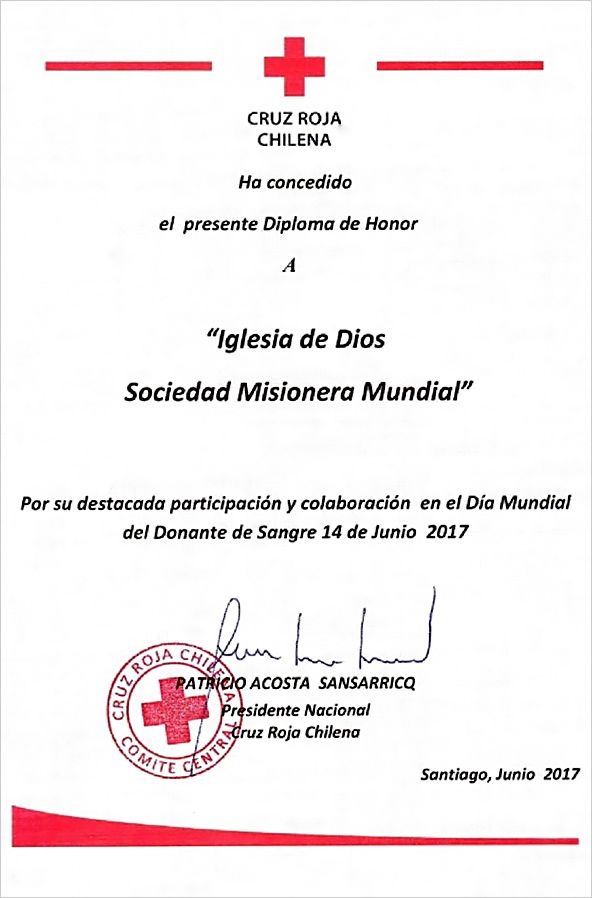 [Chile] Certificate of Recognition from President of Chilean Red Cross - World Mission Society Church of God