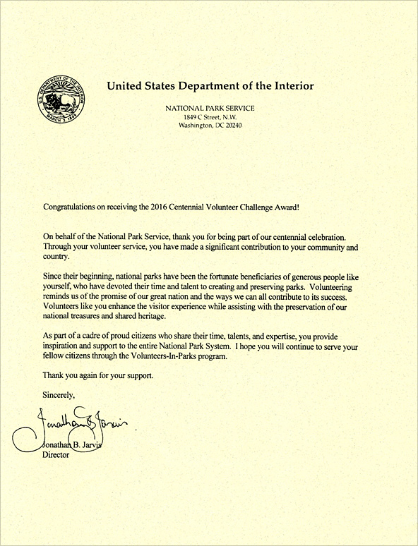 [United States] Letter of Appreciation from Director of National Park Service, Department of the Interior - World Mission Society Church of God
