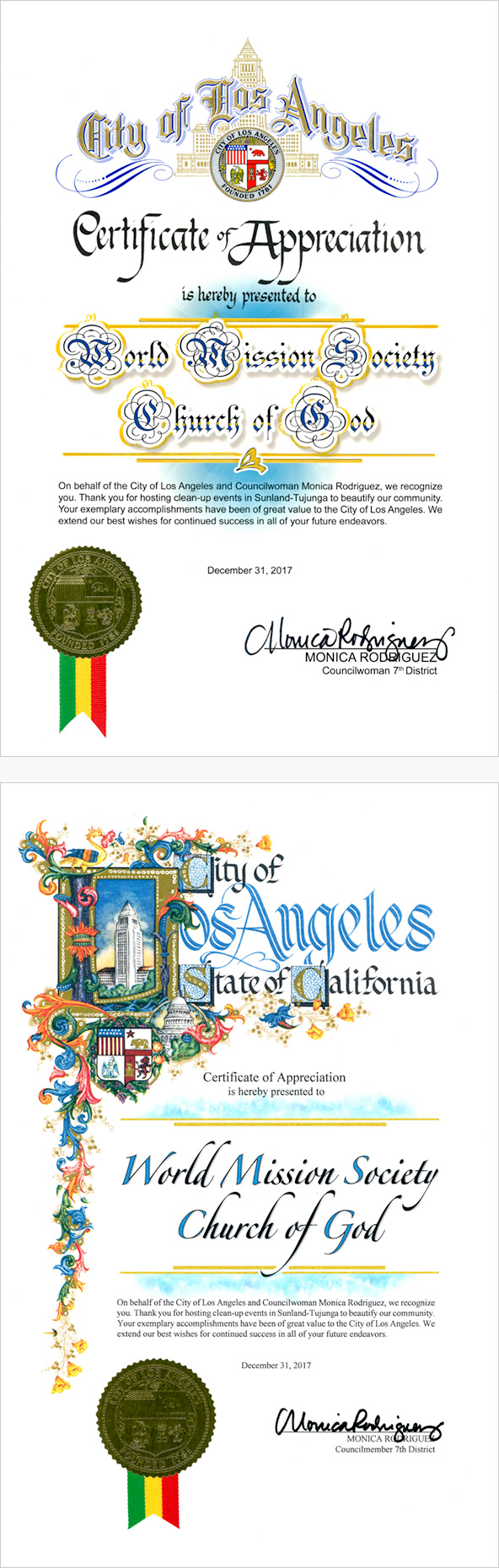 [United States] Certificate of Appreciation from Councilwoman for Los Angeles City  - World Mission Society Church of God 