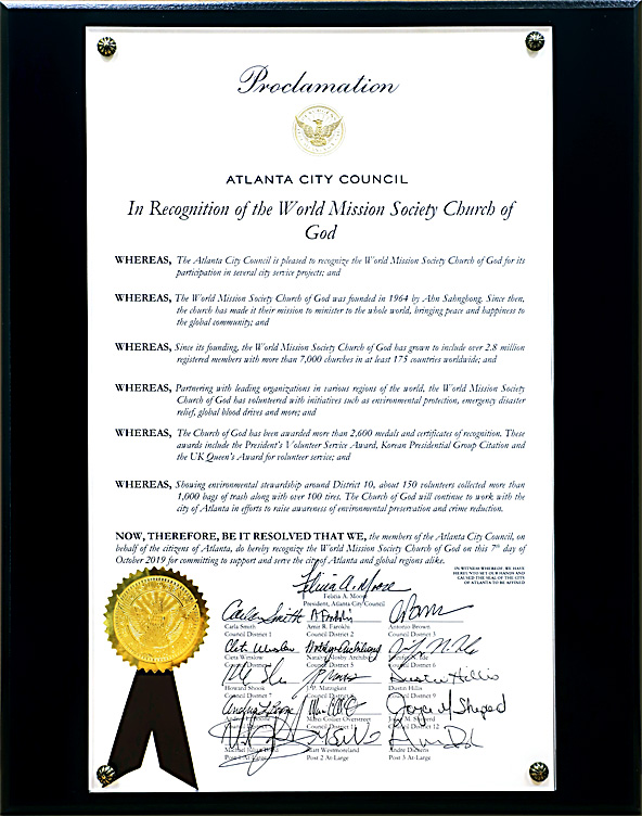 [United States] Proclamation of Atlanta City Council - World Mission Society Church of God
