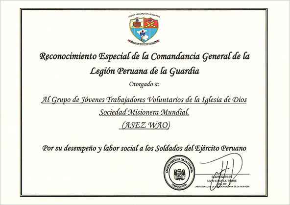 [Peru] Special Recognition from Peruvian Guard Legion - ASEZ WAO, World Mission Society Church of God Young Adult Worker Volunteer Group