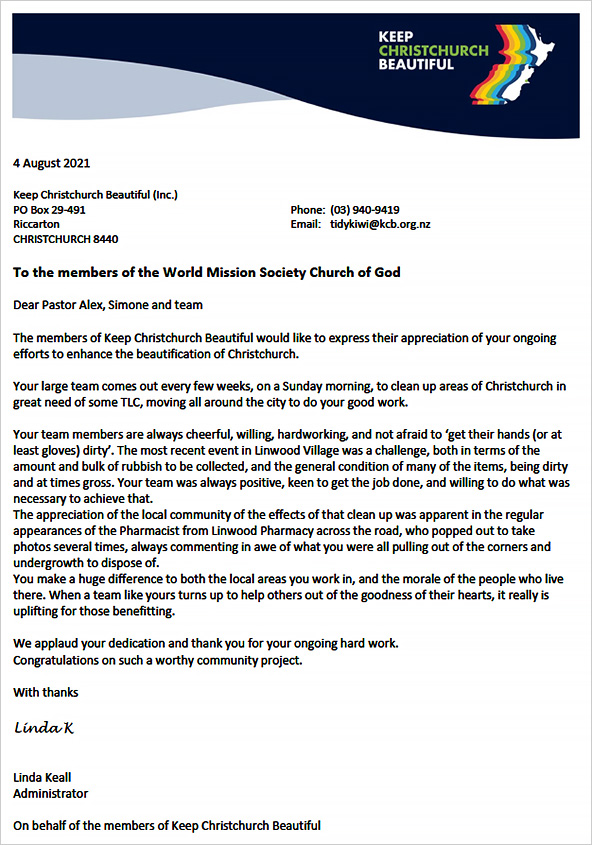 [New Zealand] Letter of Appreciation from Administrator of Keep Christchurch Beautiful - World Mission Society Church of God
