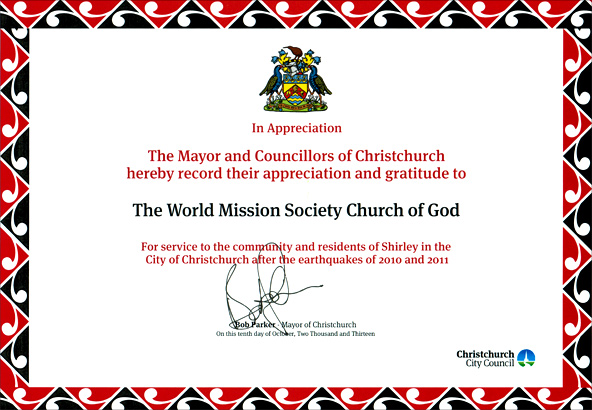 [New Zealand] Certificate of Appreciation from Christchurch City Council - World Mission Society Church of God