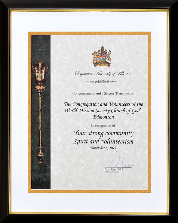 [Canada] Certificate of Appreciation from Member of Legislative Assembly - World Mission Society Church of God