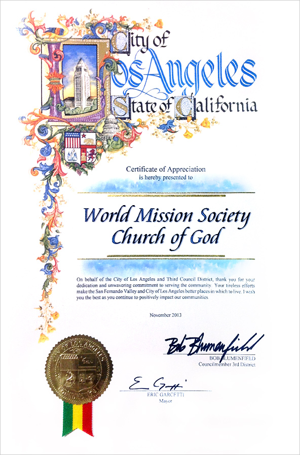[United States] Certificate of Appreciation from Mayor of Los Angeles - World Mission Society Church of God 