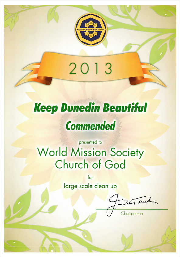 [New Zealand] Certificate of Appreciation from Keep Dunedin Beautiful - World Mission Society Church of God and 1 Other