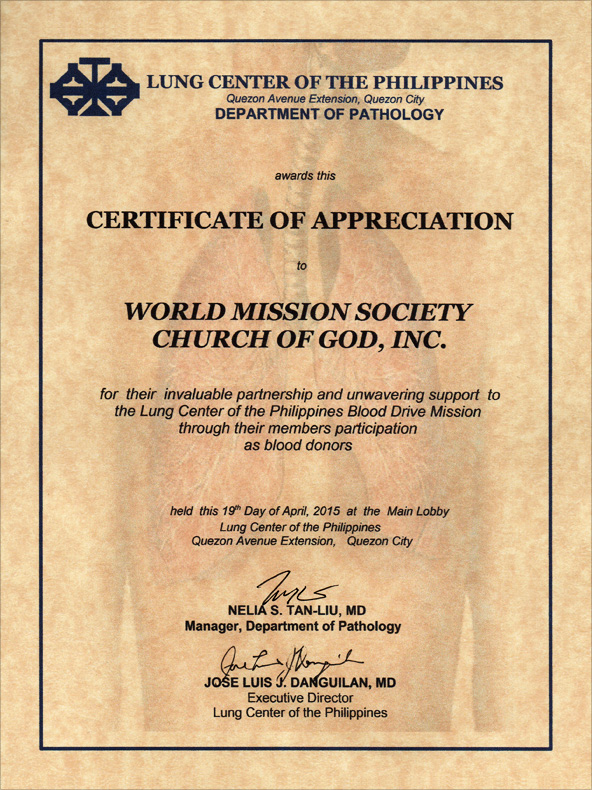 [Philippines] Certificate of Appreciation from Executive Director of Lung Center of the Philippines - WORLD MISSION SOCIETY CHURCH OF GOD, INC.