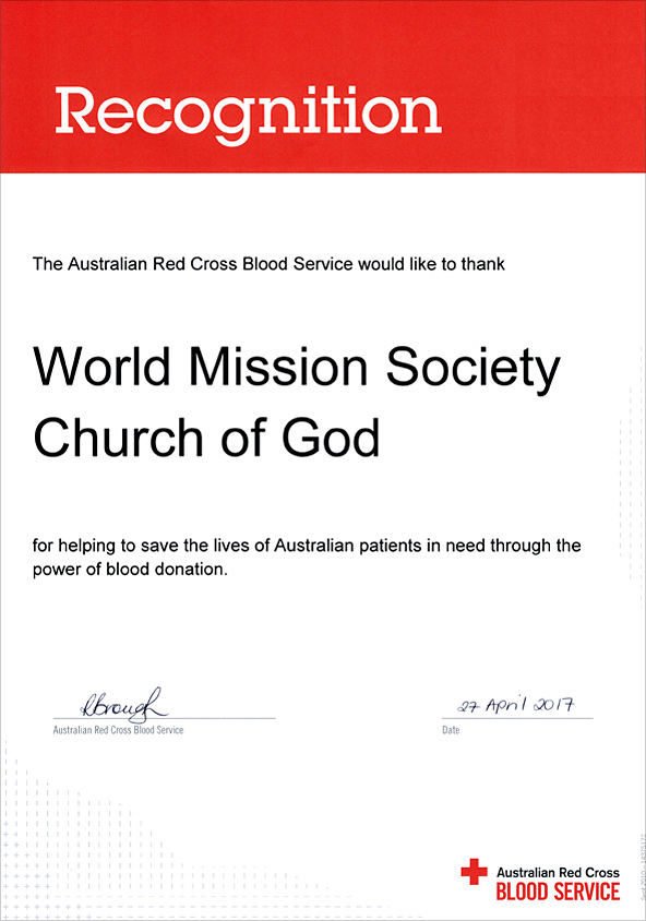 [Australia] Reconocimiento del Banco de Sangre de la Cruz Roja Australiana - Iglesia de Dios Sociedad Misionera Mundial