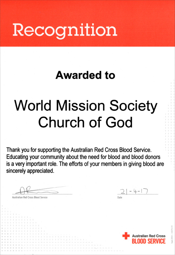 [Australia] Reconocimiento del Banco de Sangre de la Cruz Roja Australiana - Iglesia de Dios Sociedad Misionera Mundial