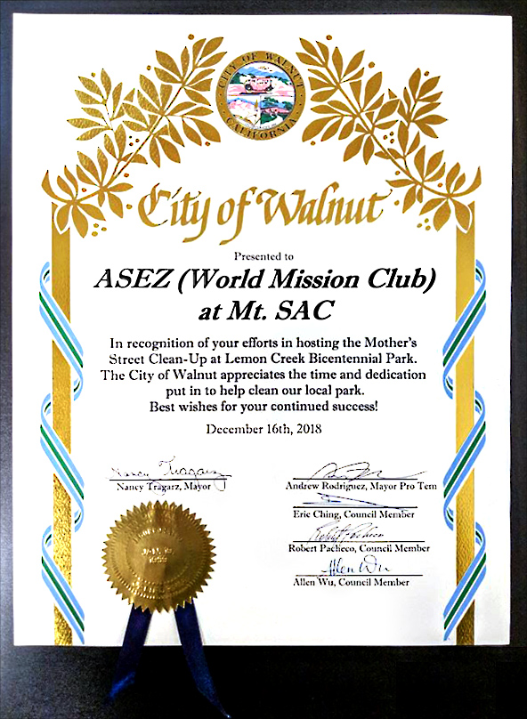 [United States] Certificate of Recognition from Mayor of Walnut - ASEZ (World Mission Club at Mt. SAC)