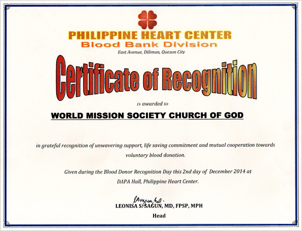 [Philippines] Certificate of Recognition from Head of Philippine Heart Center - WORLD MISSION SOCIETY CHURCH OF GOD