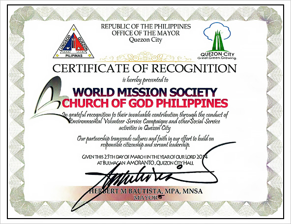 [Philippines] Certificate of Recognition from City Mayor of Quezon - WORLD MISSION SOCIETY CHURCH OF GOD PHILIPPINES