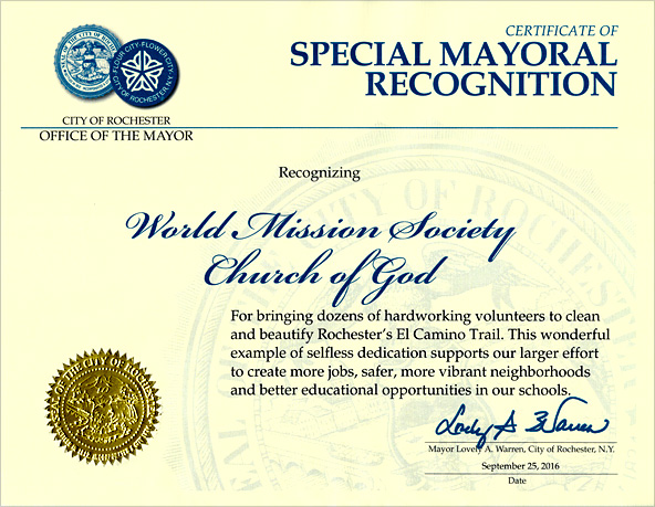 [United States] Certificate of Recognition from Mayor of Rochester - World Mission Society Church of God 