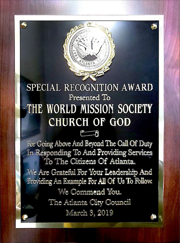[United States] Special Recognition Award of Atlanta City Council - World Mission Society Church of God