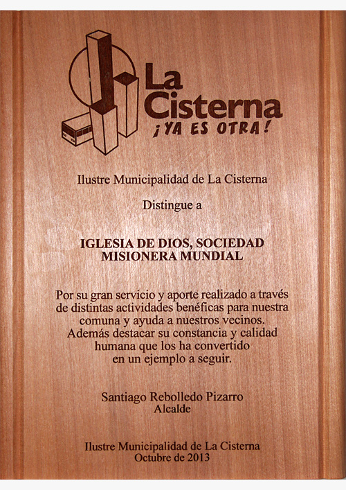 [Chile] Plaque of Commendation from Mayor of La Cisterna Municipality, Santiago, Chile - World Mission Society Church of God