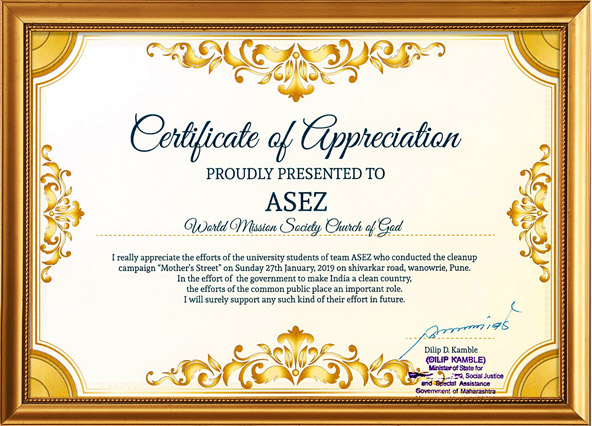 [India] Minister for Social Justice and Special Assistance Certificate of Appreciation - World Mission Society Church of God ASEZ