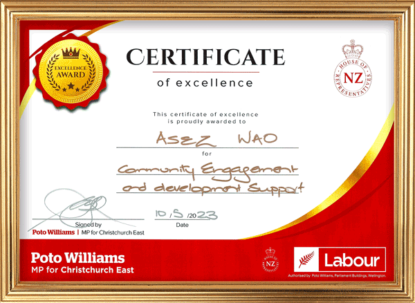 [New Zealand] Certificate of Recognition from Member of Parliament - ASEZ WAO