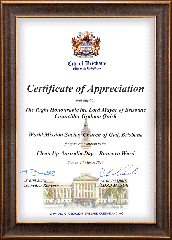 [Australia] Certificate of Appreciation from Lord Mayor of Brisbane City - World Mission Society Church of God